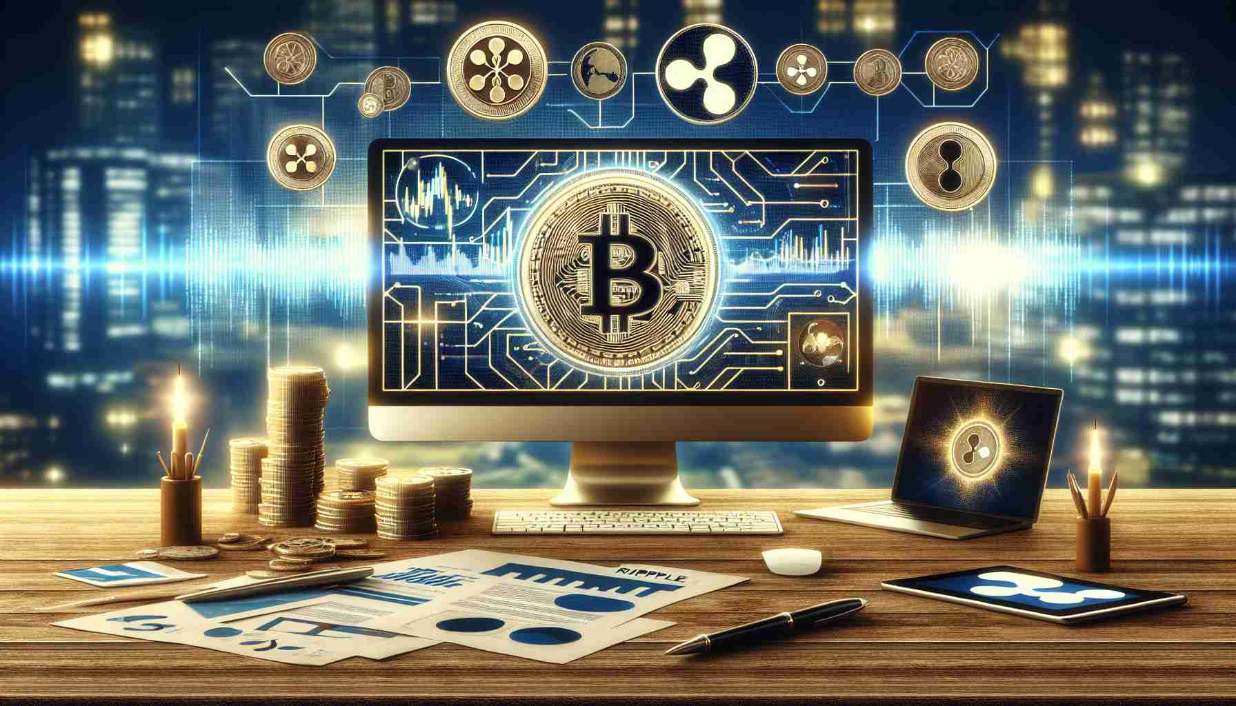 A high-definition image depicting the concept of Ripple's new currency venture in a realistic setting. Include elements like computer screens displaying cryptocurrency data, coins symbolizing currency, a well-lit office environment to depict the concept of finance and business, and symbolic representations to express innovation and venture.