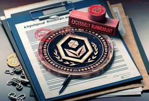 Detailed high-definition image representing an emblematic badge for a hypothetical Blockchain Association, with an overlaying document symbolizing Regulatory Rules. The document bears a large red stamp stating 'Excessively Burdensome'. The background should be professional looking, hinting an institutional setting.