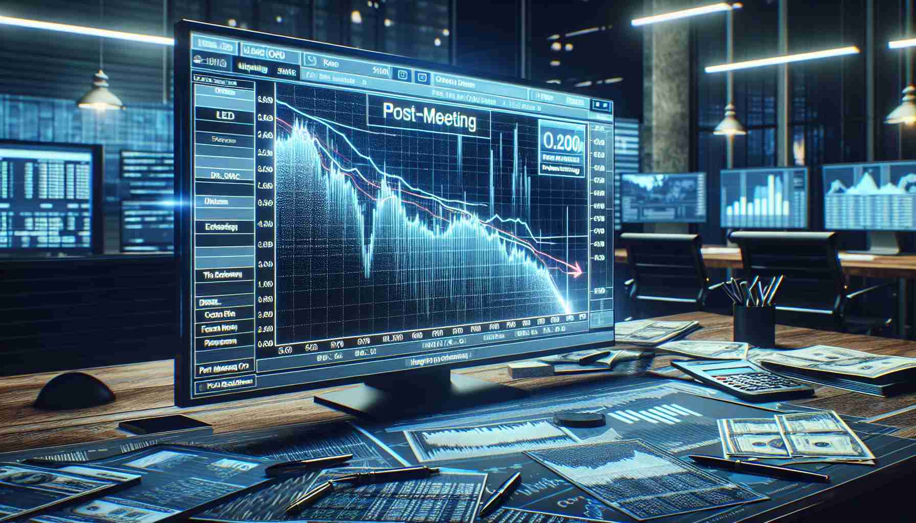 An ultra-high definition image depicting a graphical representation of a significant drop in cryptocurrency investments following a hypothetical Federal Open Market Committee (FOMC) meeting. The scene includes a detailed line graph on a digital screen, illustrating a steep downward trend 'post-meeting'. The surrounding environment speaks to a heavy investment atmosphere, perhaps a home office with high-end equipment, financial documents scattered about, and screens displaying additional financial news and performance data.