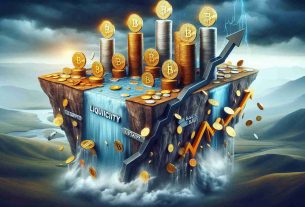 A detailed, high-quality image of a physical representation of a market scenario where various altcoin valuations are tumbling. Picture stacks of coins teetering on the edge of a precipice, ready to tumble down, and liquidity depicted as a river that has suddenly come to a stop, indicating a halt in the flow. The climate surrounding the coins is stormy, denoting the 'rumbling' market. The metaphoric elements of the image should help visually represent the abstract concept of cryptocurrency market dynamics.