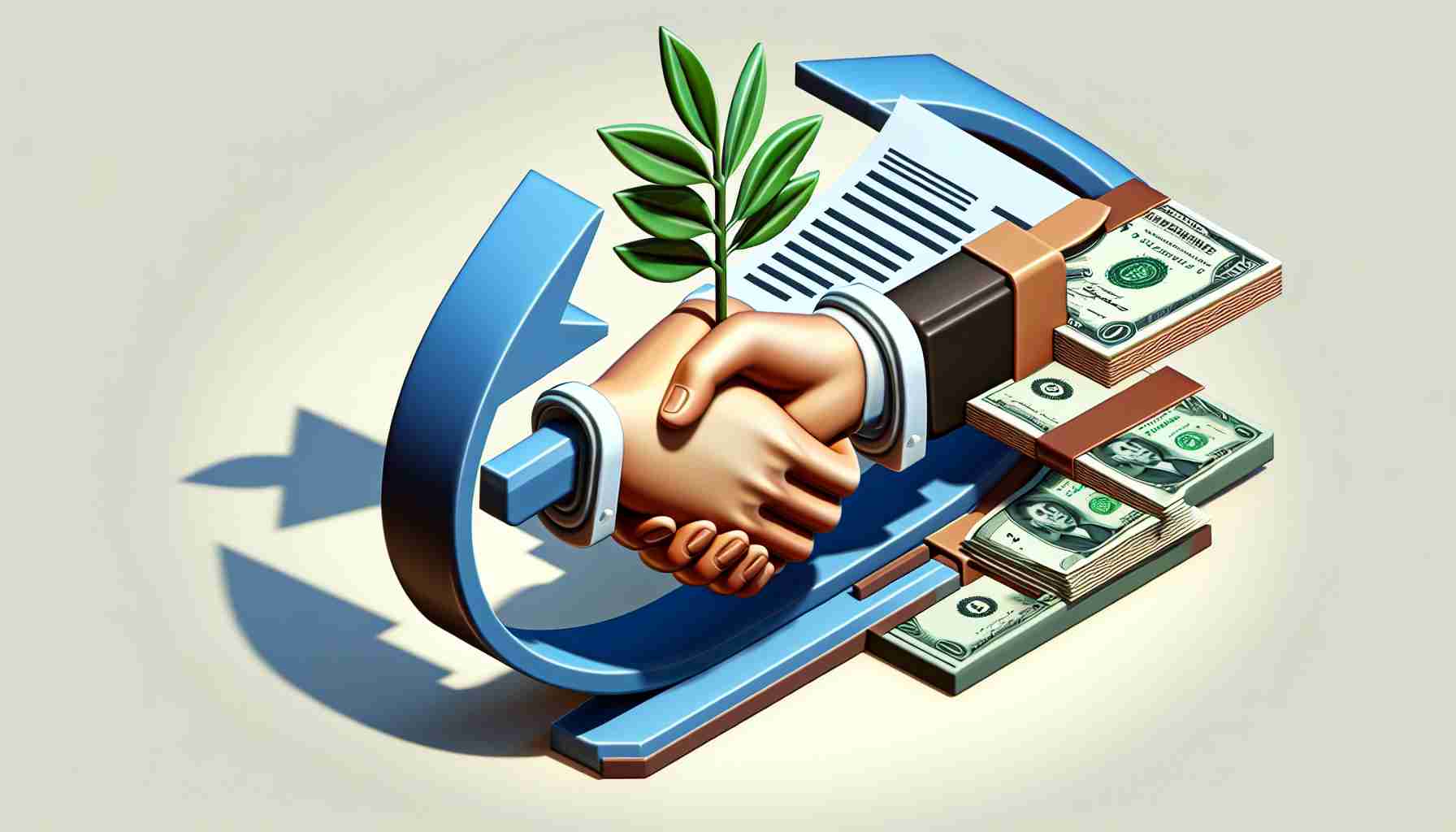 A realistic HD illustration of an abstract entity metaphorically reconciling with state regulators, represented as a press release or headline. Imagery should reflect the concept of a handshake, papers being signed, or an olive branch to represent the reconciliation process. Also depicts the commitment to consumer refunds through the image of money being returned, perhaps through hands giving back cash or an icon of a dollar sign with an arrow pointing backwards.