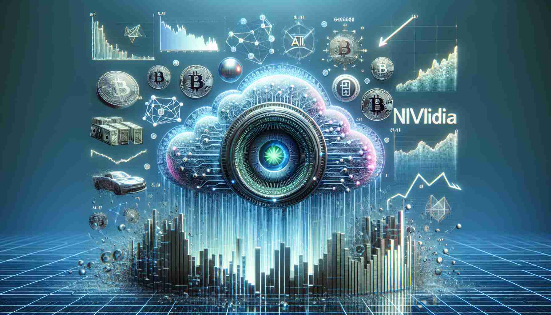 Generate a detailed, high-definition image that depicts the concept of a Market Watch. The image should include various elements that visually represent a drop in AI Stocks, a downtrend in Nvidia, and fluctuations in Bitcoin. The scene could incorporate bar graphs, charts, arrows, and numbers to represent the atmospheric conditions.