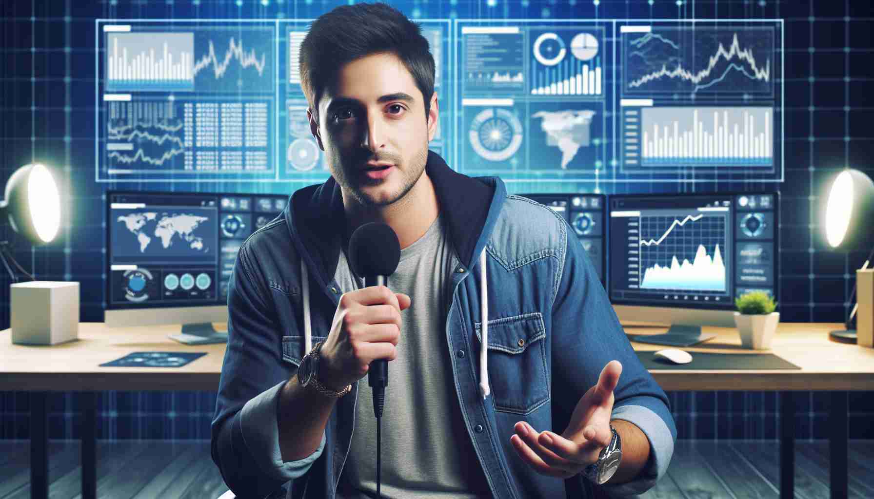 An image of a generic individual impersonating a well-known entrepreneur involved in a fictitious cryptocurrency scam on a live streaming platform. The person should be shown speaking close to a microphone, wearing casual tech entrepreneur attire, with a background suggesting a livestream setting, such as a desk with multiple screens showing graphs and data. The image should be quite realistic and high-definition.