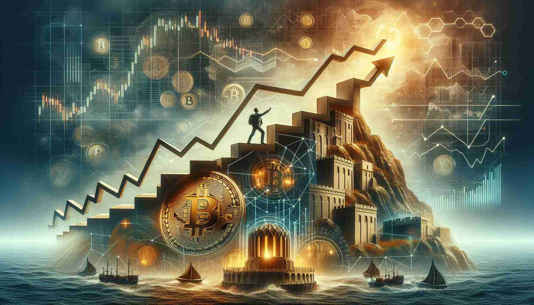 High-quality, detailed image representing an abstract concept of strategic Bitcoin investment approach used by a business intelligence company. In the image, visualize a metaphor of steady climbing, robust structure, and strong fortress to symbolize stability, confidence, and strategy respectively. Despite the volatile nature of bitcoin, the company stands firm. Include elements such as charts showing a consistent upward trend, strong structures like a fortress, and a sea portraying the volatile nature of Bitcoin.