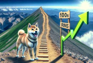 An ultra high-definition image of a Shiba Inu standing on an ascending mountain trail, symbolizing a 10 times gain. The dog appears excited and energetic, ready for the journey. Sky is clear, indicating a positive forecast, and the trail is steep, indicating the rapid surge. The trail is envisioned to be lined with markers denoting incremental progress, symbolizing each step of the rally.