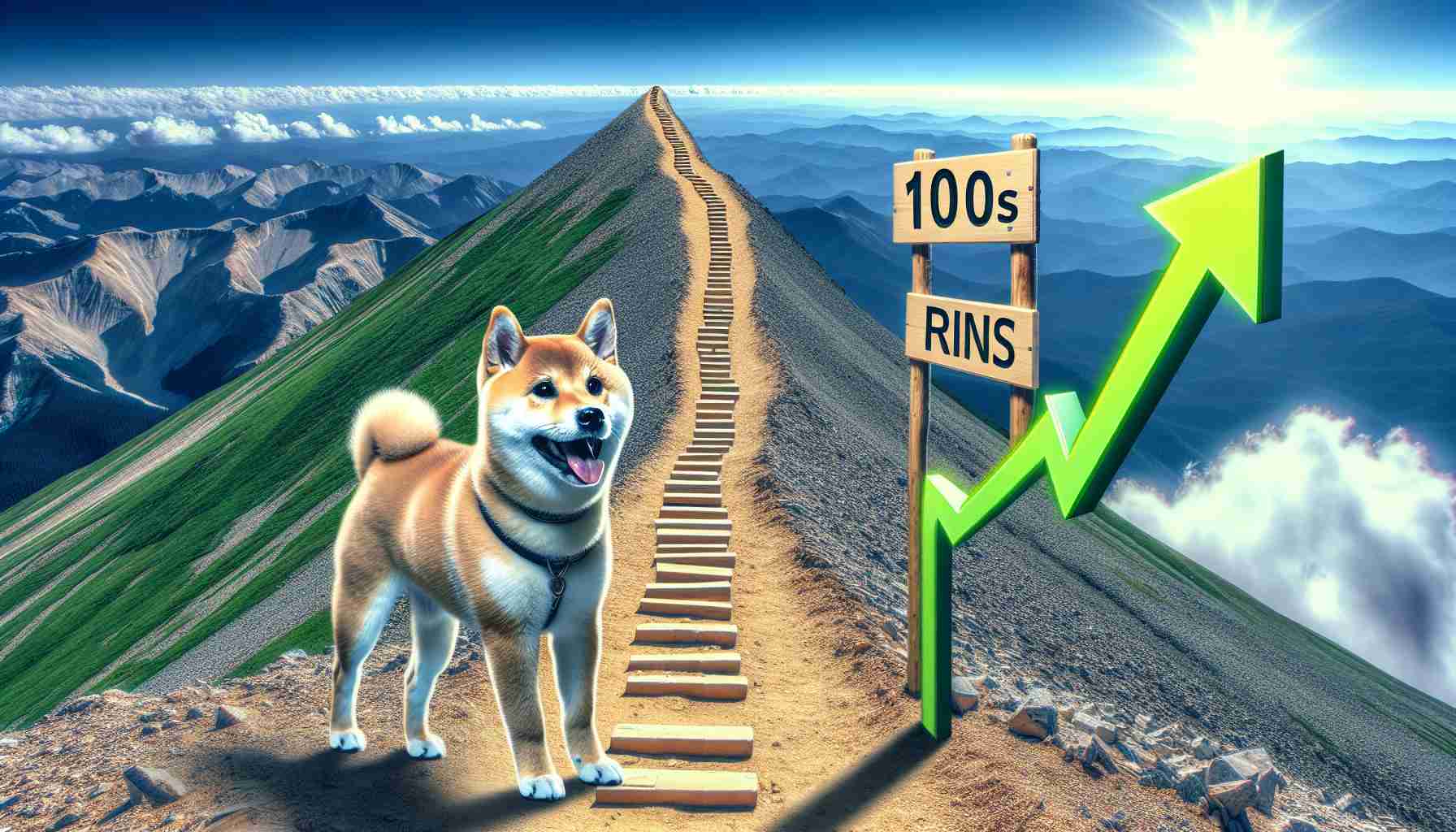 An ultra high-definition image of a Shiba Inu standing on an ascending mountain trail, symbolizing a 10 times gain. The dog appears excited and energetic, ready for the journey. Sky is clear, indicating a positive forecast, and the trail is steep, indicating the rapid surge. The trail is envisioned to be lined with markers denoting incremental progress, symbolizing each step of the rally.