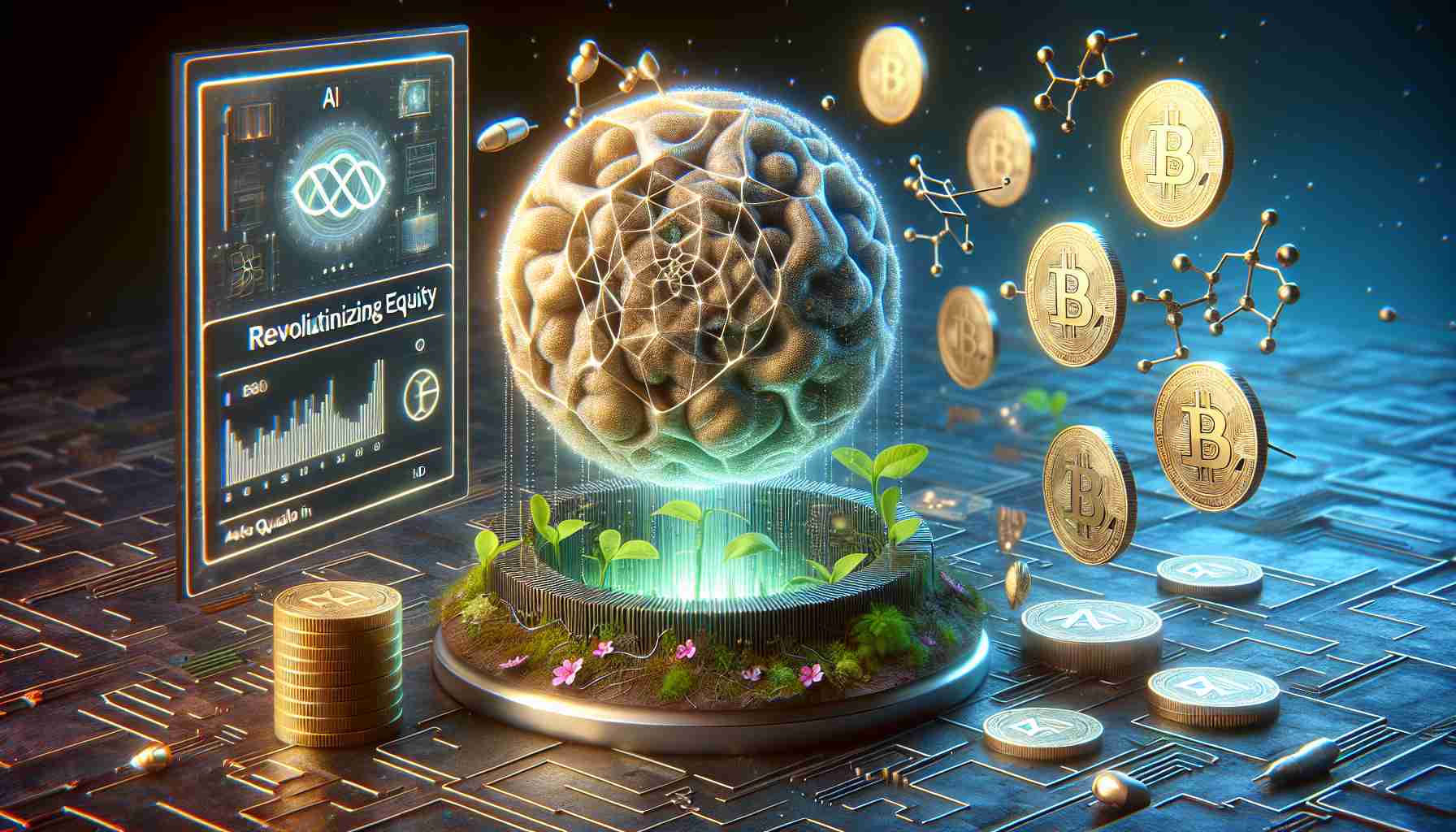 An HD quality realistic digital art representing the concept of revolutionizing wealth equity. The centerpiece of the image should be a biologically designed 3D matrix symbolizing the biology-focused AI aspect. Alongside the matrix, gleaming AI tokens are shown being released, symbolizing free access to them. Include motifs associated with life, such as flora and the symbol of infinity. The context should communicate a futuristic, technological atmosphere hinting at the application of AI in bio-research for the advancement of financial equality.