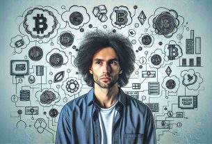 An HD picture of an anonymous male tech entrepreneur with frizzy hair, who is strongly associated with the world of cryptocurrency. This picture should also highlight his idealistic efforts within the crypto space. The man is drawn wearing casual attire, with thought-bubbles showing various symbols representing blockchain technology, digital currencies and cryptography.