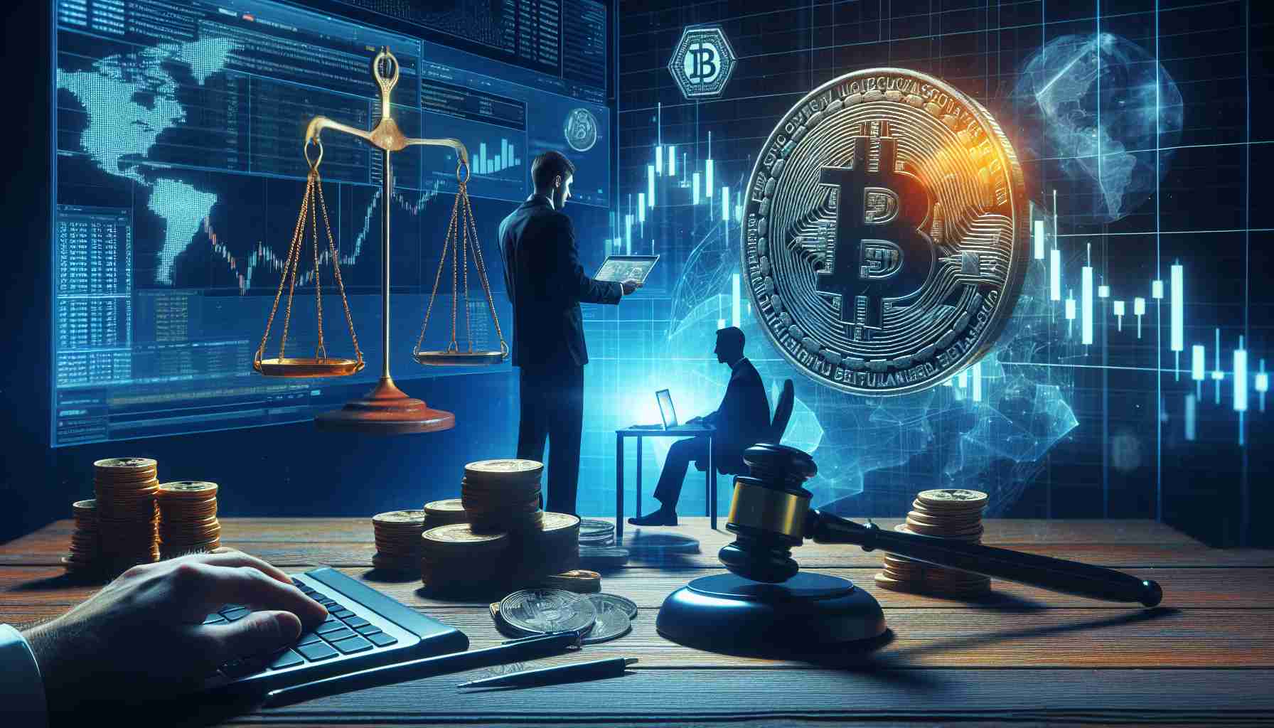 Realistic, high-definition visual representation of the concept of a major cryptocurrency company initiating action against online criminal activities connected to a lesser-known digital currency platform