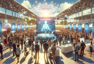 High-definition, realistic image of a future scenario in the year 2024. The image should depict an open career fair under a bright sky, full of individuals of a variety of descents like Caucasian, African, and Middle-Eastern, interacting with exhibit booths. Two main booths are the highlights - one labeled 'Blockchain' packed with individuals eagerly learning about opportunities in blockchain technology, and another labeled 'Artificial Intelligence (AI)', where a female South Asian professional is delivering a captivating presentation on the prospects and potential of AI.