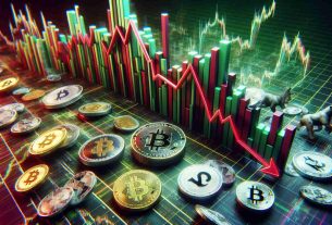 An ultra high definition, realistic image visualising market fluctuations in the realm of digital assets. The central focus is on a fictional cryptocurrency named 'Notcoin', which is struggling amidst a broader dip in value amongst alternative cryptocurrencies. The image captures a dynamic chart of cryptos' performance, with Notcoin's line falling significantly, a dramatic depiction of a red and green bar graph indicating the dip, and surrounded by numerous other cryptos represented in a similar manner.