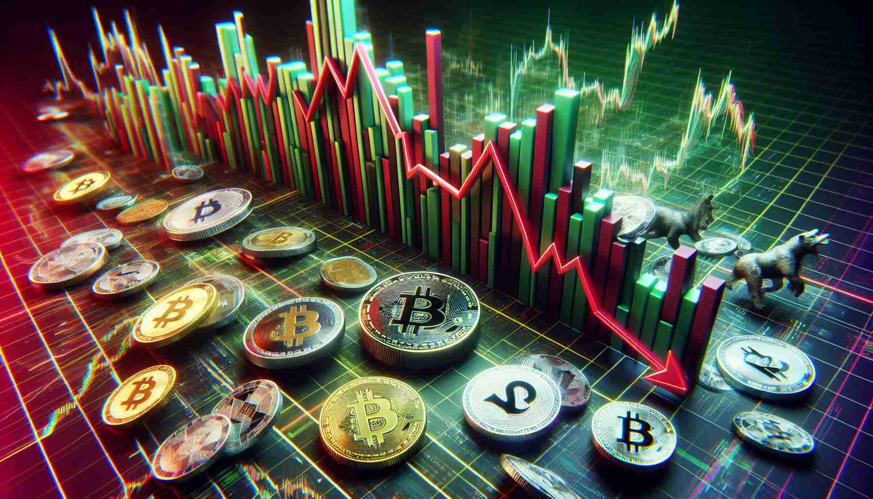 An ultra high definition, realistic image visualising market fluctuations in the realm of digital assets. The central focus is on a fictional cryptocurrency named 'Notcoin', which is struggling amidst a broader dip in value amongst alternative cryptocurrencies. The image captures a dynamic chart of cryptos' performance, with Notcoin's line falling significantly, a dramatic depiction of a red and green bar graph indicating the dip, and surrounded by numerous other cryptos represented in a similar manner.