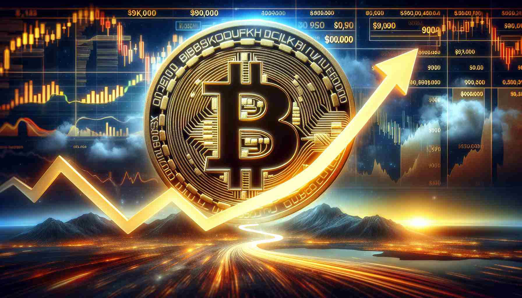 Realistic HD illustration representing the potential journey of Bitcoin's value reaching $90K, as envisioned by a financial analyst. The image should convey elements such as the cryptographic symbol for Bitcoin - a tilted B with a double stroke, the figure $90K prominently placed, and a dramatic rising graph line to symbolize the speculated progress, all against a backdrop featuring elements of the financial stock market, like candlestick charts, index numbers and other market visualizations.