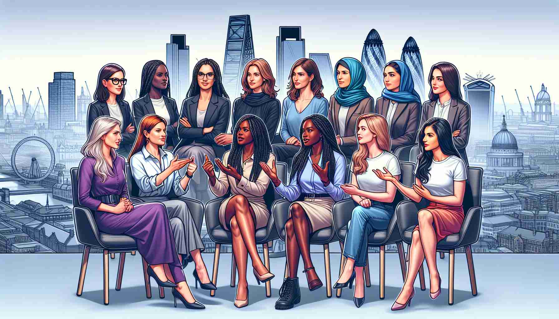 High definition image showcasing a panel event in London, featuring strong women from different descents such as Caucasian, Hispanic, Black, Middle-Eastern, South Asian, and White. These women are representing various roles in the field of blockchain technology, exchanging ideas, and empowering each other.