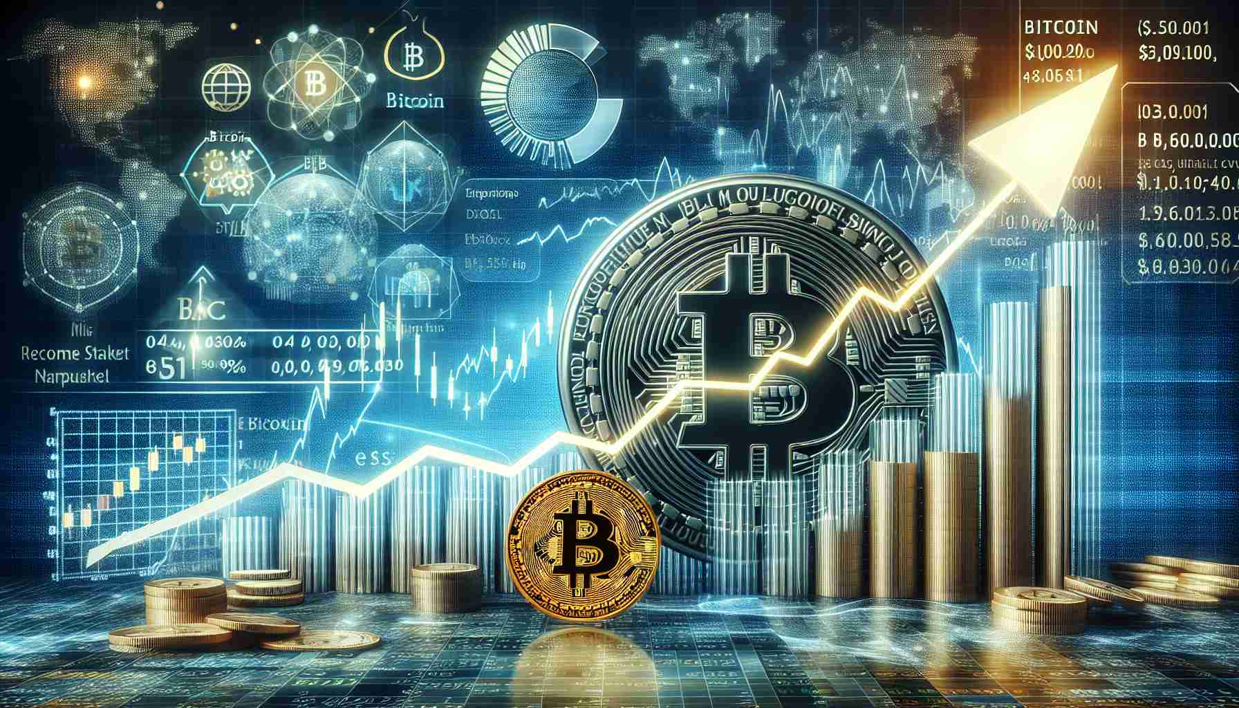 A high definition, realistic image demonstrating the potential rise of Bitcoin to $1M amid economic shifts. This could be represented with a chart showcasing the upward trajectory of Bitcoin's value. To illustrate the economic shifts, the backdrop could perhaps show symbols or infographics of traditional economies transitioning to digital ones, like physical currency turning into digital bits. Elements such as fluctuating stock market numbers and the Bitcoin logo could also be incorporated for context.