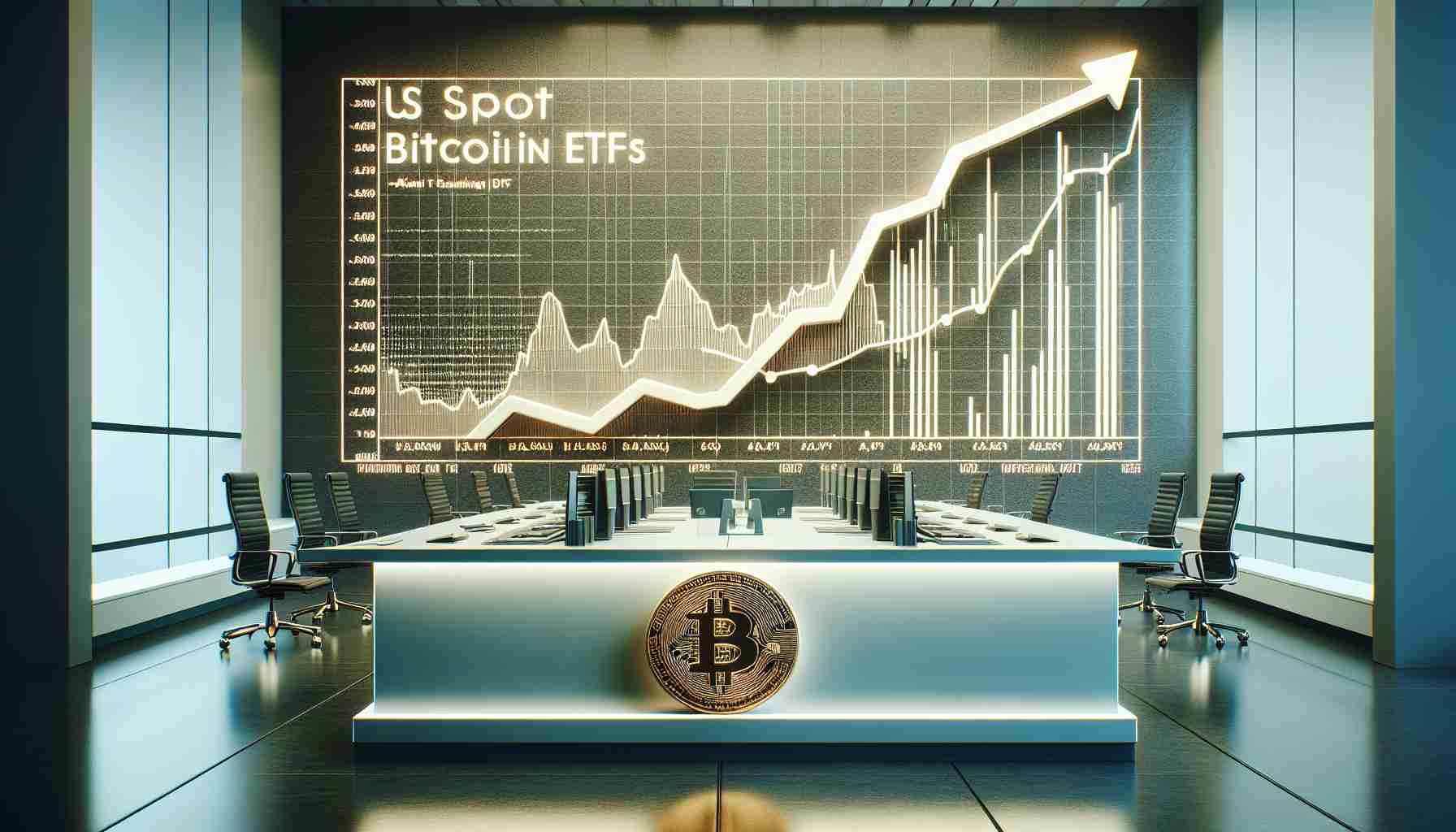 A high-definition, realistic image capturing the concept of a surge in US Spot Bitcoin ETFs, marking a turnaround after a week of outflows. The image could represent this concept with a bullish line chart or other financial data visualization highlighting a noticeable uptick in investment, symbolizing the surge. The chart or graph should be the central focus against a tastefully minimalist, professional background, perhaps a clean office or trading floor setting, subtly hinting at the location being in the US.