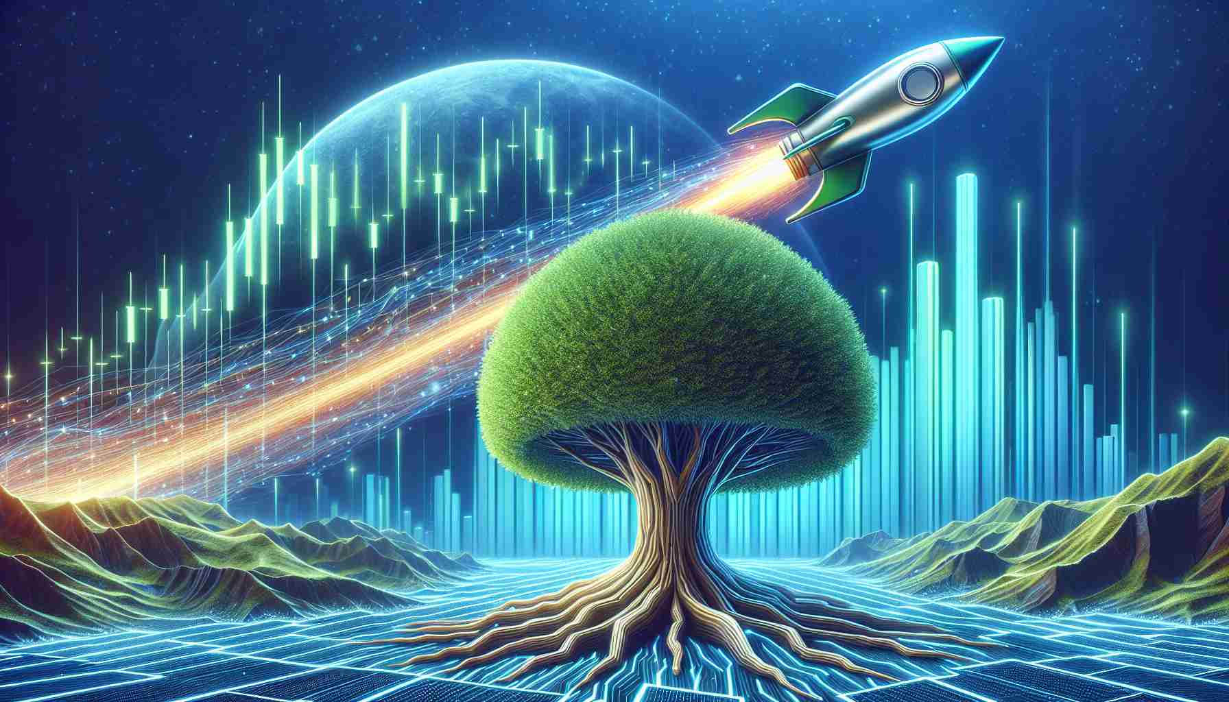 Generate a detailed, high-definition image that symbolizes a digital platform for Non-Fungible Tokens (NFTs) experiencing substantial growth and success, despite the overall market showing signs of slowing down. This might include visual metaphors such as a healthy, flourishing tree growing in an otherwise barren landscape, or a rocket ascending against a backdrop of a downward-trending financial graph.