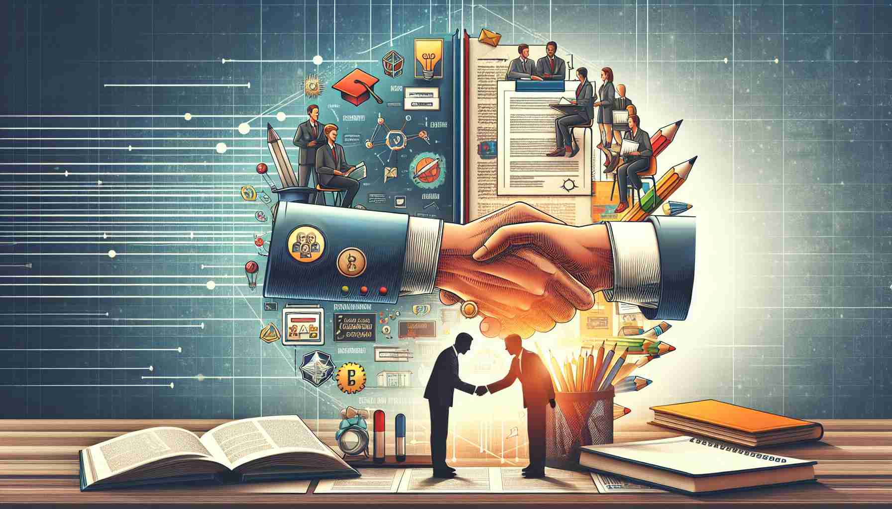 Depict a high-definition, realistic illustration of a 'Revolutionary Partnership' meant to boost a 'Read to Earn Program'. Show two entities, possibly organizations, coming together to sign a deal or shake hands. Also, include imagery that suggests literacy and education, like books, a certificate, and pencils or pens. Use a school or library as the backdrop, creating a sense of academic atmosphere. The words 'Revolutionary Partnership Enhances Read to Earn Program' should be visible within the image, signifying the motive of this meeting.