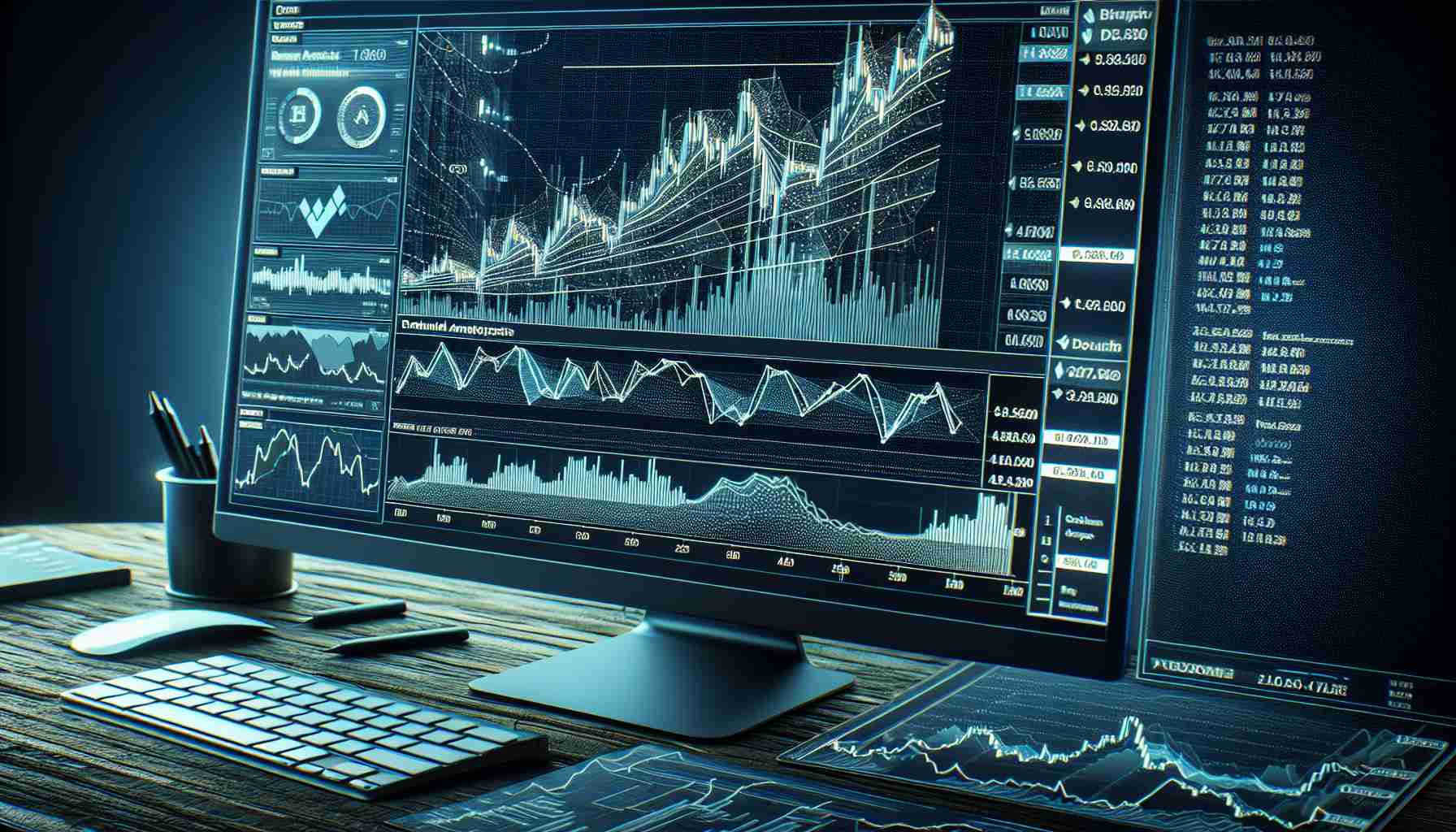 Detailed and crisp HD representation of a computer screen displaying a technical analysis chart of the cryptocurrency known as Binance Coin. The chart should be packed with various technical indicators, including moving averages, relative strength index (RSI), fibonacci retracement levels, and candlestick patterns. Also, consider showcasing price fluctuations, volume data, and a line graph illustrating the coin's historical performance. Financial terminologies and trading jargons should be subtly incorporated. The surrounding environment should suggest a dedicated workspace with a keyboard and mouse glimpses, perhaps thrown in some notes and financial reports for intensity.