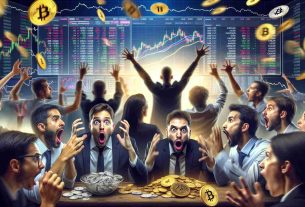 A high-definition image capturing the essence of cryptocurrency betting causing discord among traders on a platform called Polymarket. This scene should portray different traders each expressing a unique emotional reaction – tension, surprise, excitement. To enrich the environment, include elements like a scattering of cryptocurrency coins, a distantly visible stock market ticker, and detailed display of digital trading portfolios on the screens of various devices. Capture a diverse range of trader descents including Caucasian, Hispanic, Black, Middle-Eastern, South Asian while ensuring gender balance, thus representing diversity in the world of trading.