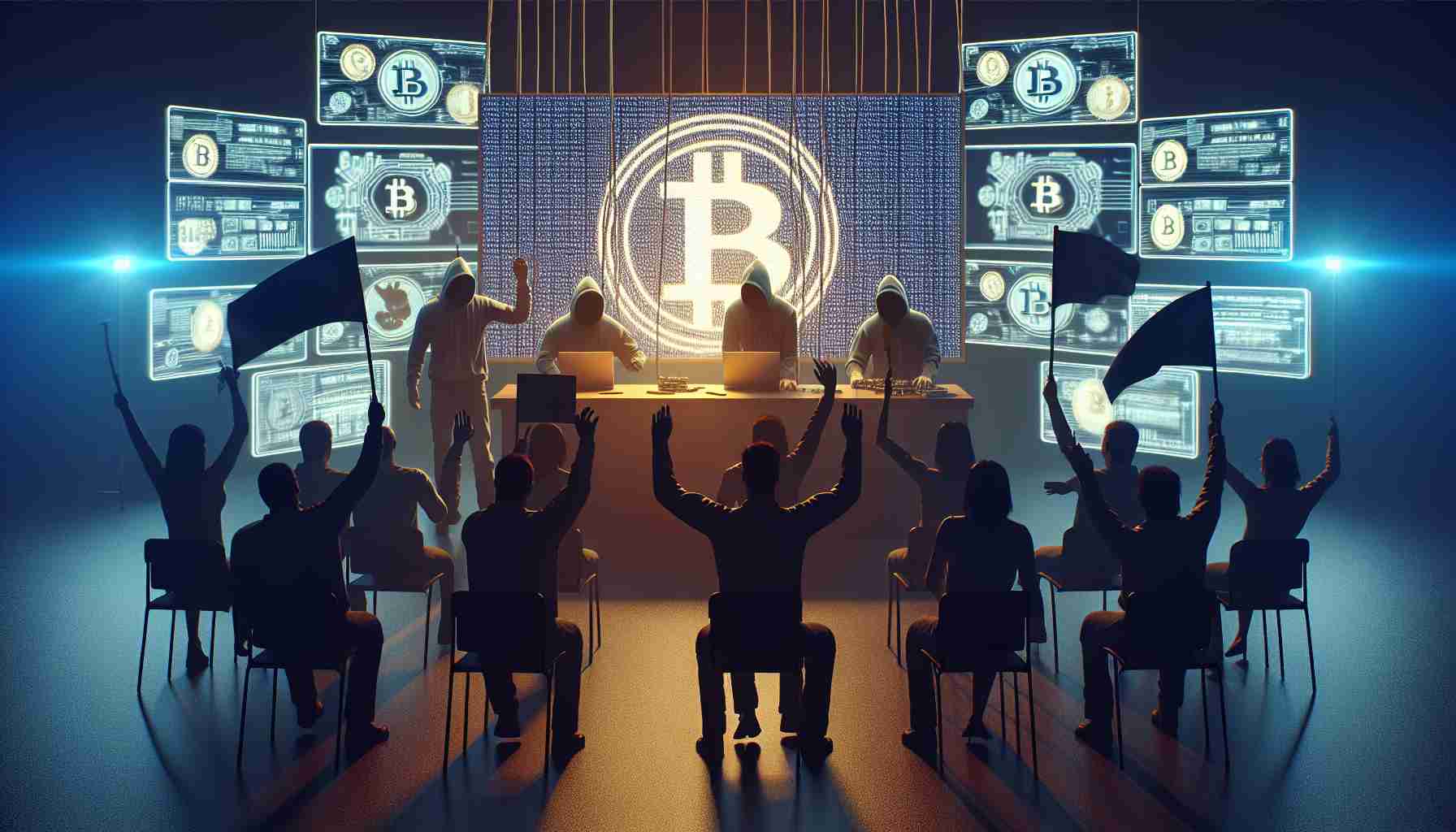 A high-definition image demonstrating a dramatized scenario involving digital currency fraudsters attempting to manipulate fervent supporters of an influential public figure, in what seems to be a deceitful donation situation. Render the fraudsters as faceless individuals sitting in a dimly lit room bristling with electronics and visual depictions of digital currencies, while the supporters are shown as silhouettes raising flags of support. No personality or figure should be identifiable.