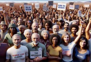 A hyperrealistic, high-definition image depicting an array of diverse people, including middle-aged Caucasian men, young Black women, elderly Middle-Eastern individuals, and South Asian kids, all expressing strong enthusiasm and support. They're gathered for a cause - the 'Burn Tax Revision' of a hypothetical product called 'Terra Luna Classic'. Their supportive signs, t-shirts, and hats display the name and slogan of the cause. The atmosphere is buzzing with excitement and unity, reflecting overwhelming popular support for the cause.