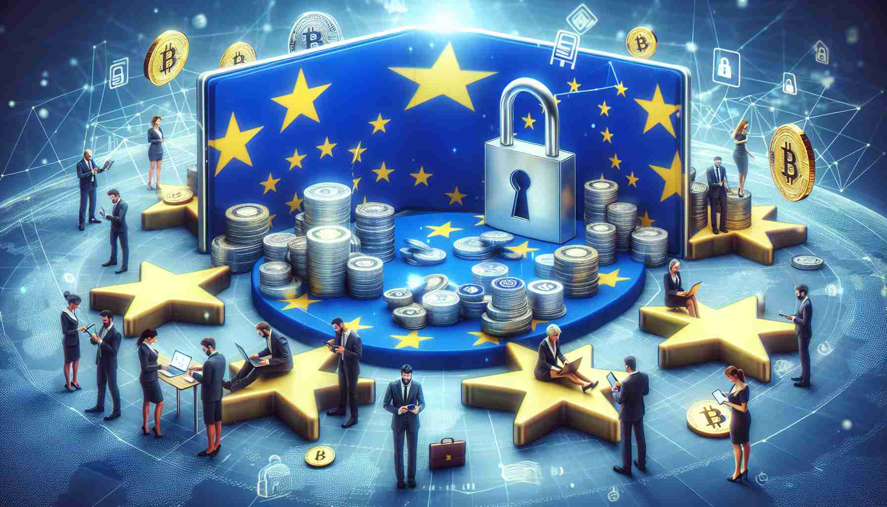 A high-definition, realistic image of a conceptual representation of European cryptocurrency markets adapting to MiCA (Markets in Crypto-assets) regulatory standards. The scene could include symbolic elements like the European flag, a secure lock representing regulation, cryptocurrency icons, and perhaps individuals engaged in crypto transactions. The individuals can be men and women of a mix of descents such as Caucasian, Hispanic, and Middle-Eastern. They could be depicted using technology devices to conduct trade or exchange of crypto-assets.