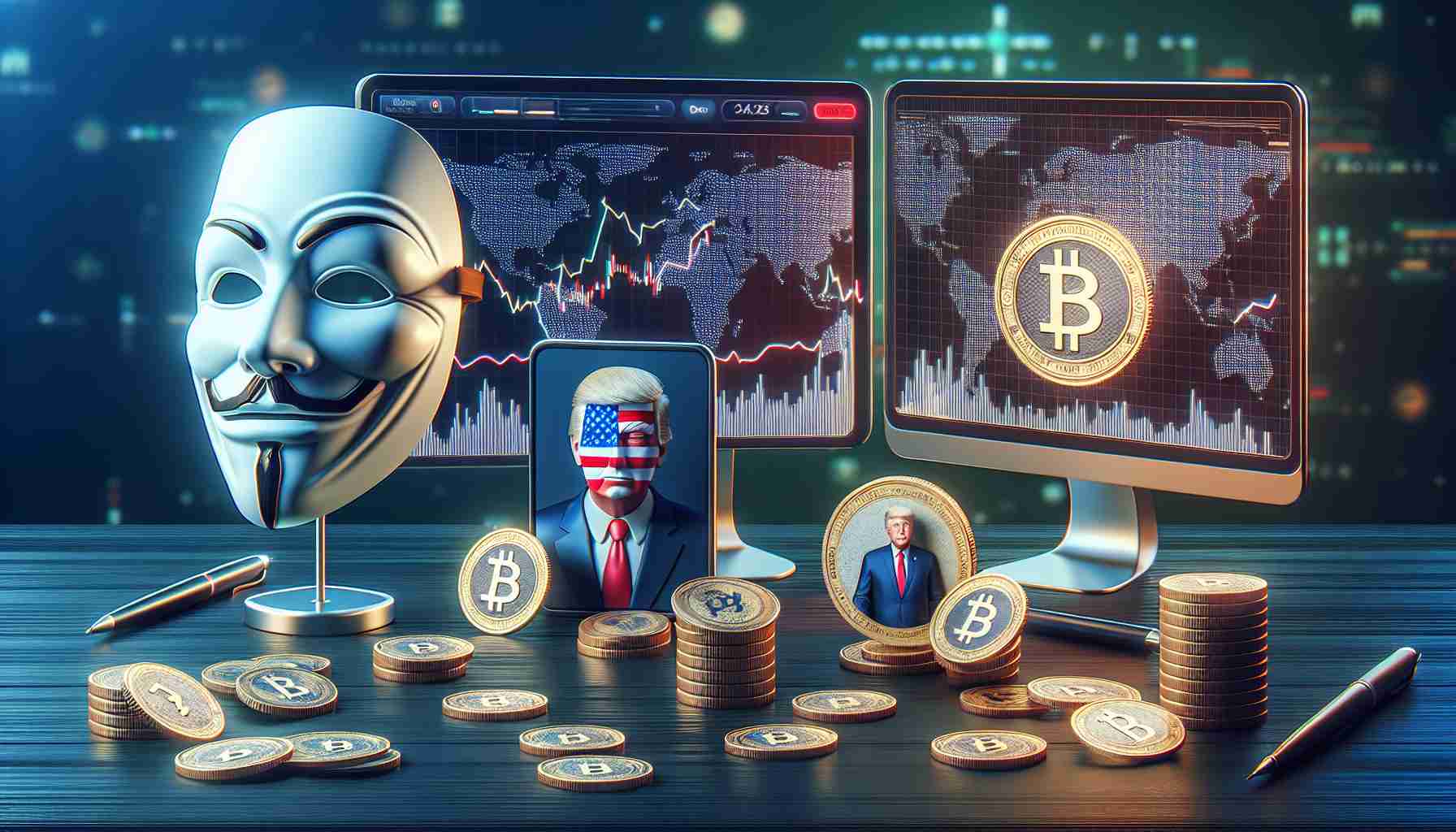 Realistic HD image of the quest to uncover the designer of a president-themed cryptocurrency token. The image illustrates the metaphoric journey, with elements such as digital screens displaying graphs of volatile crypto markets, a symbolic mask representing anonymity in the digital realm, and numerous digital coins adorned with an icon of a generic politician, signifying the token in question.