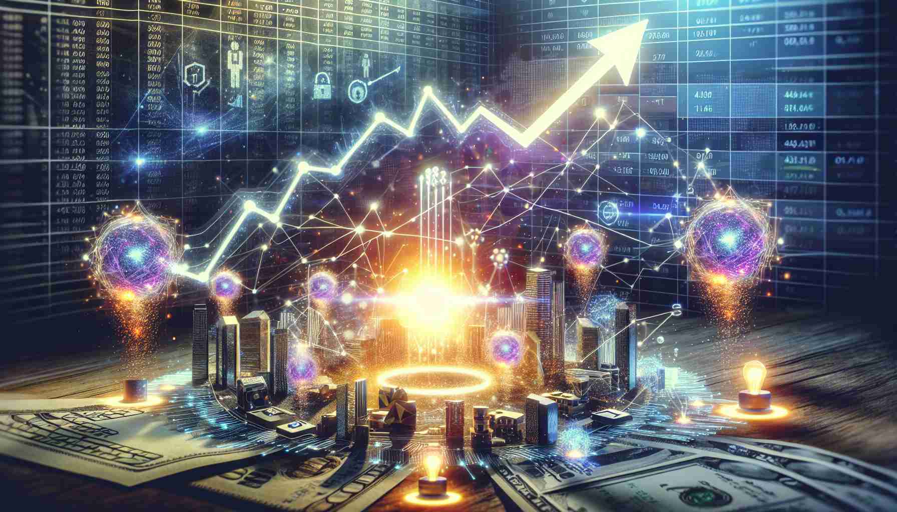 Generate a highly detailed and realistic image representing the concept of the rise of Blockchain IoT, with it being a market that is poised for explosive growth. Display this through visual metaphors such as a graph with an upward-going curve symbolizing the growth, blockchain links intertwining with typical IoT devices like smart home technologies, and an explosion of sparks or light to signify the explosive potential of this field. In the background, include a financial backdrop. Make sure the image conveys a futuristic vibe.