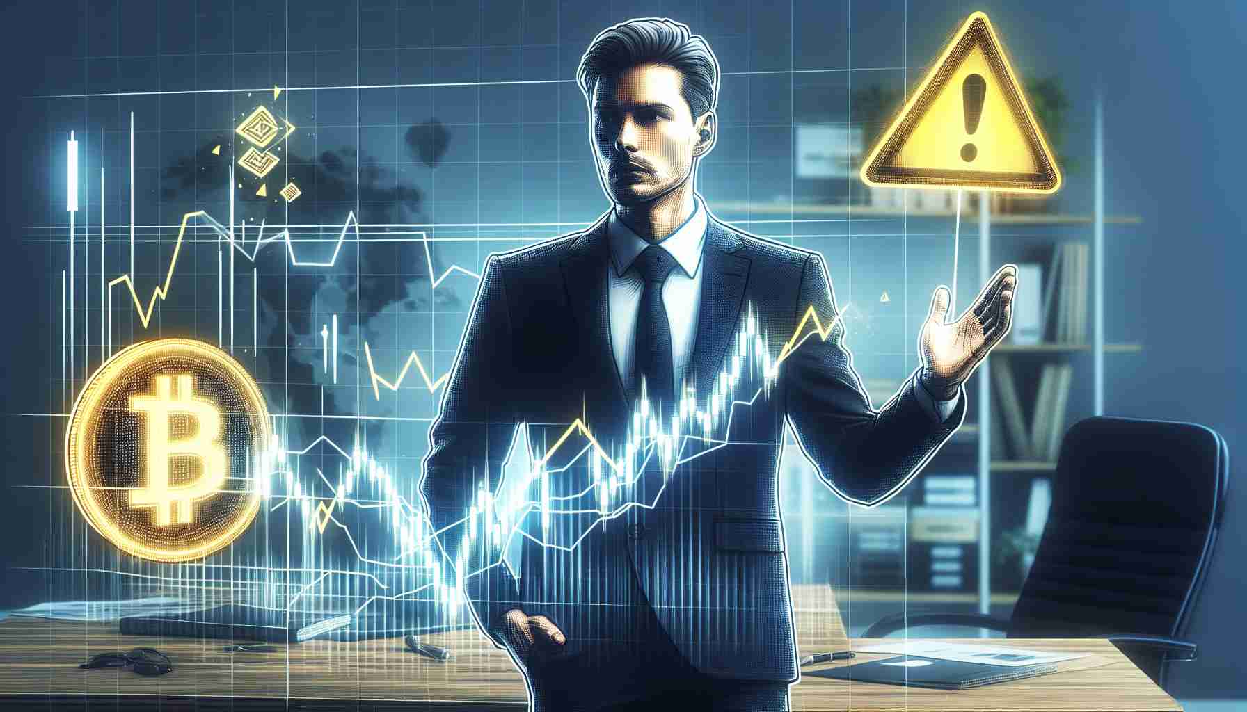 Generate a detailed and high-definition image symbolizing an investor expressing caution towards the instability of the cryptocurrency market. The investor should be a middle-aged Caucasian male wearing formal attire. The scene may also include, as symbolism, a fluctuating line graph indicating the volatility of the cryptocurrency market and a caution sign. Ensure not to use recognizable identifying features and to avoid the likeness of any specific individual.