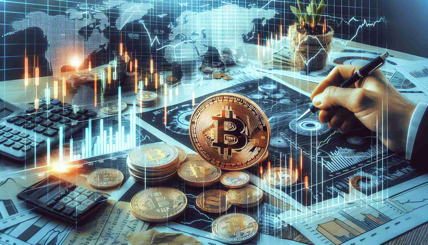 Generate a high-definition, realistic image depicting the recent trends in Bitcoin markets and mining sector. Show various charts demonstrating price movements and mining activity growth, with scribbled notes and related articles scattered across a financial broker's desk.