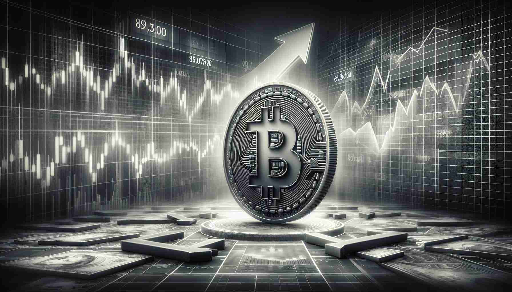 Create a realistic, high-definition image representing the concept of major outflows from a financial trust associated with Bitcoin, set against the backdrop of market fluctuations. This scene should include grayscale design elements to represent the Grayscale Bitcoin Trust, such as a large, grayscale Bitcoin symbol going down, with arrows and charts in the background to signify financial fluctuations.