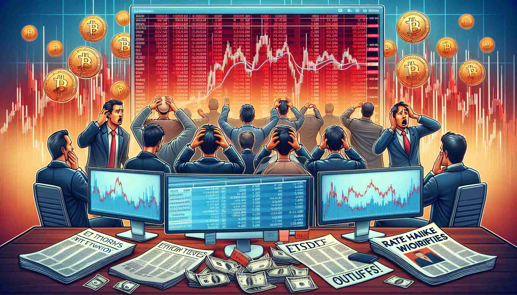 High-definition image of a financial scene illustrating the cryptocurrency markets. The setting includes computer screens with red-toned charts indicating a downturn, headlines about ETF outflows, and a background filled with worried expressions of diverse group of traders. Additionally, there are a number of newspapers and financial reports lying nearby with the headline 'Rate Hike Worries'. However, the focus still remains on the digital aspect of the scene, symbolizing the centrality of technology in these markets.