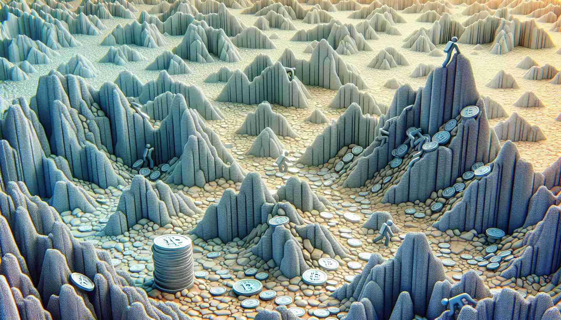 An ultra high-definition, photorealistic image of symbolic representation of the cryptocurrency markets navigating a bearish terrain. A literal illustration of a terrain with its ups and downs, boulders and pitfalls, colored in a soothing palette of grays and blues symbolizing the bear market. Insert random coins as physical tokens or coins dispersed throughout the terrain struggling to climb the upward slopes, while some roll downward depicting fluctuation in values. Ensure a balance between the abstract metaphor and the literal depiction of a bearish financial market landscape.