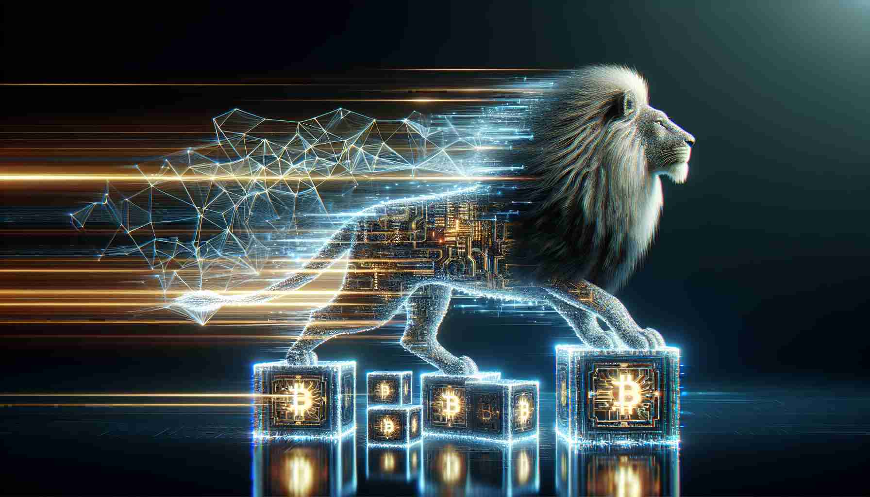 A hyper-realistic, high-definition illustration of a conceptual representation of a lion, designed with digital patterns and futuristic elements, signifying the leader in a field. The lion is standing on top of a visually depicted blockchain platform which is represented by interconnected blocks zapping with high-speed data transfer. The blocks should emit a unique illumination suggesting revolutionary change and high speed.