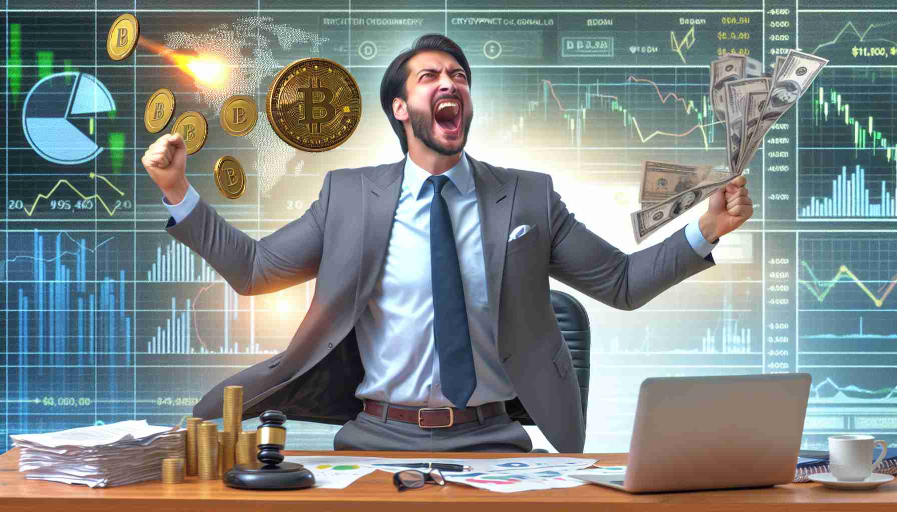 A realistic HD photo depicting a high-profile businessman enthusiastically embracing the concept of cryptocurrency, which ignites rumors and fraudulent activities.