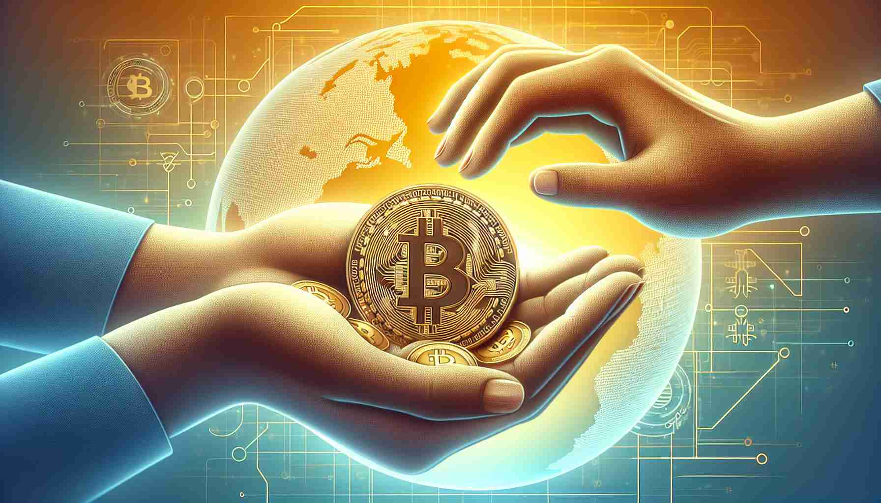 Create a realistic HD conceptual illustration that represents the philanthropy in cryptocurrency. This can include a physical representation of digital money like Bitcoin, with its signature ₿ symbol, being handed over or enveloped in a caring, gentle hand to symbolize charity. Further enhance the concept by including elements such as a heart to symbolize love and caring. Background could be a globe, indicating global impact, or uplifting colors such as warm yellows and oranges to signify optimism and positive change.