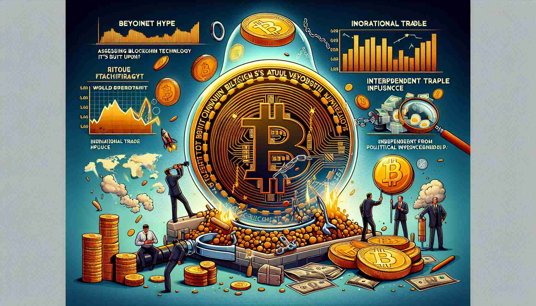 Compose an image that portrays the concept of assessing the true value of Bitcoin beyond market hype. Display a scene with a collection of important factors that contribute to Bitcoin's actual worth, such as the blockchain technology it's built upon, international trade implication, finite supply symbolized as a gold coin, independence from political influence symbolized as a broken chain or shackle. Also, incorporate a gigantic bubble being popped, referencing market hype and speculative investing theories. In the background, place a bar graph illustrating monetary fluctuations, a world map symbolizing its global usage, and a magnifying glass examining the Bitcoin logo.