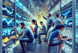 A high-definition, life-like image of a dynamic scene depicting US-based cryptocurrency miners. Capture them engrossed in their activities, running high-powered computer systems in a secure, technologically advanced environment. Include visual indicators of significant market share and high-profile deals such as monitors displaying rising market graphs and phones buzzing with updates. The image should incorporate a diverse group of miners, one woman of Hispanic descent, a man of Caucasian background, and another individual who is of Middle-Eastern descent. This scene should symbolize the growing influence and success of US Bitcoin miners.