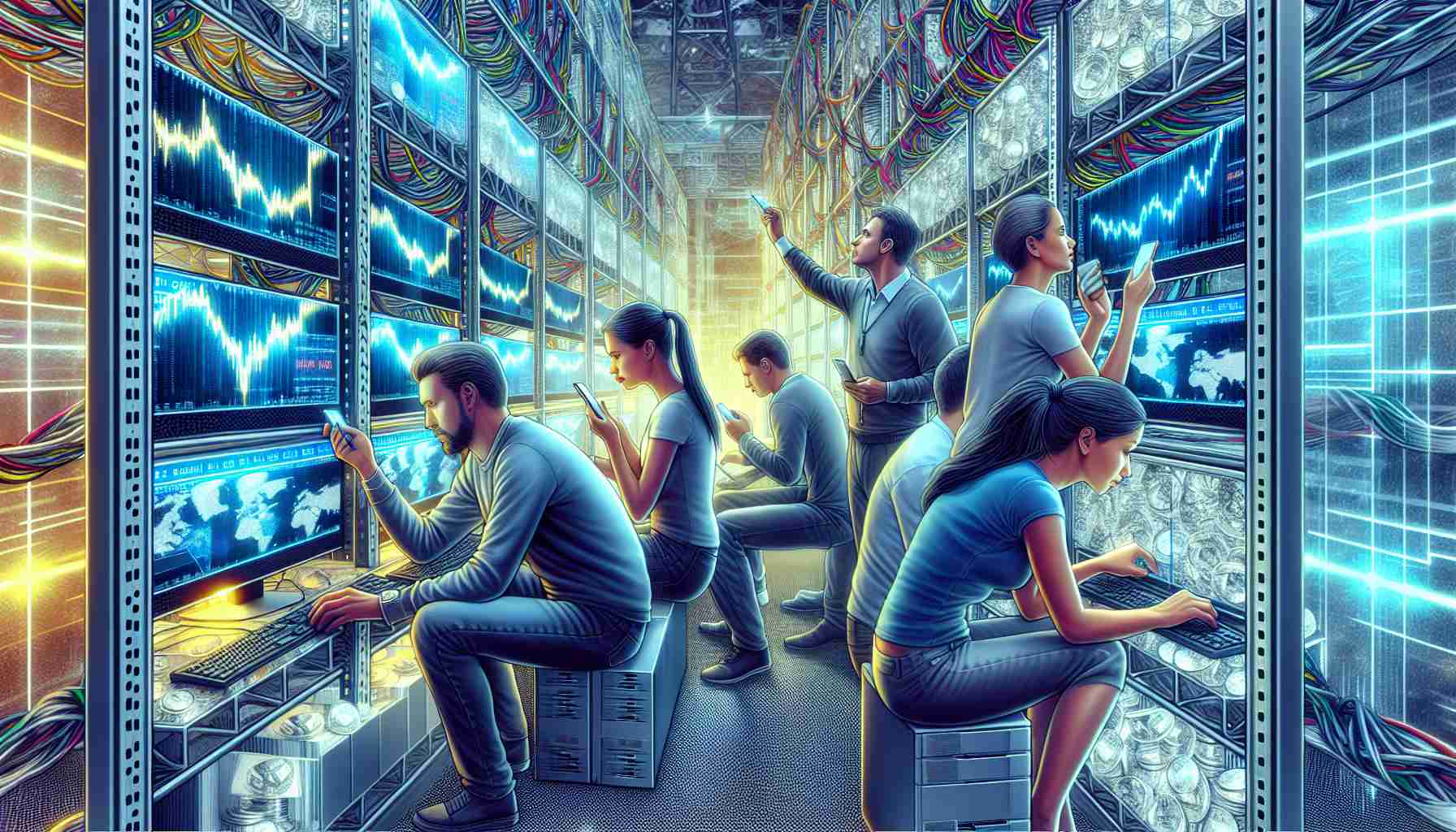 A high-definition, life-like image of a dynamic scene depicting US-based cryptocurrency miners. Capture them engrossed in their activities, running high-powered computer systems in a secure, technologically advanced environment. Include visual indicators of significant market share and high-profile deals such as monitors displaying rising market graphs and phones buzzing with updates. The image should incorporate a diverse group of miners, one woman of Hispanic descent, a man of Caucasian background, and another individual who is of Middle-Eastern descent. This scene should symbolize the growing influence and success of US Bitcoin miners.