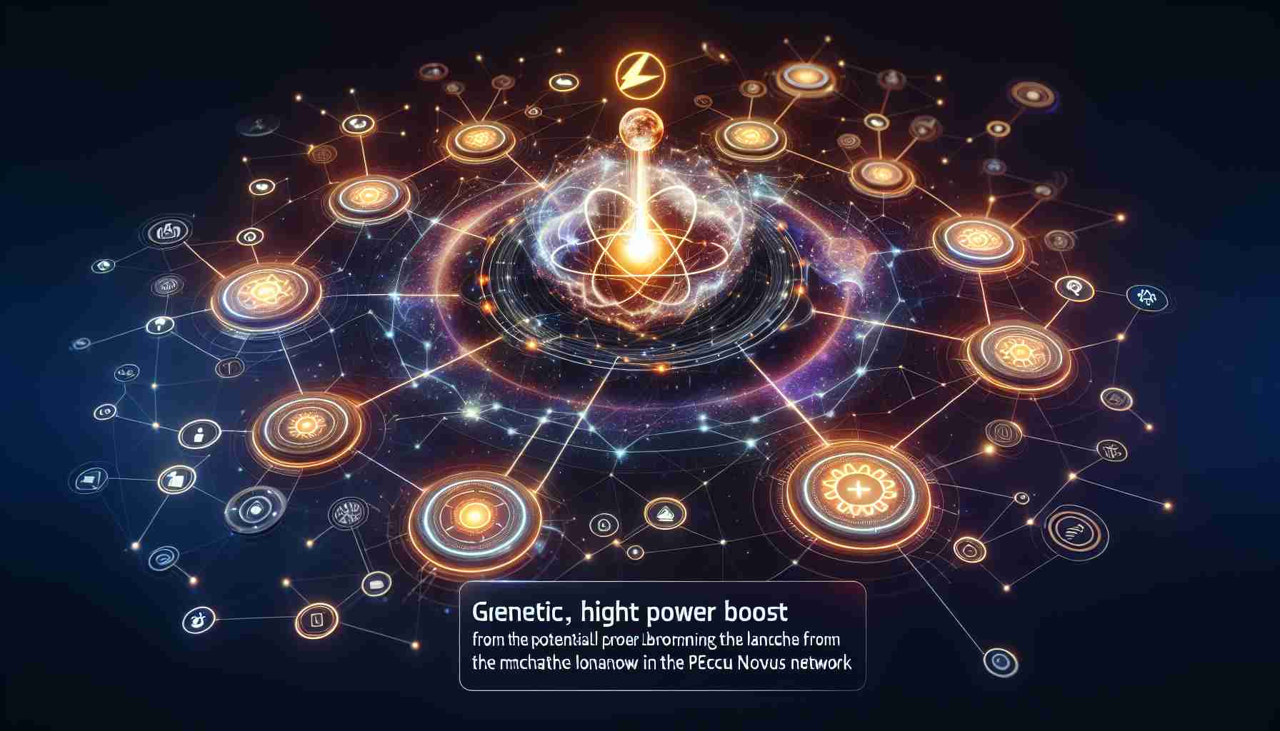 Generate a realistic, high-definition image of a network diagram or system demonstrating the potential power boost from the launch of a superapp known as mChatHive. Incorporate elements such as glowing nodes, connecting routes, data flow to show how mChatHive superapp could potentially enhance the Pecu Novus network.