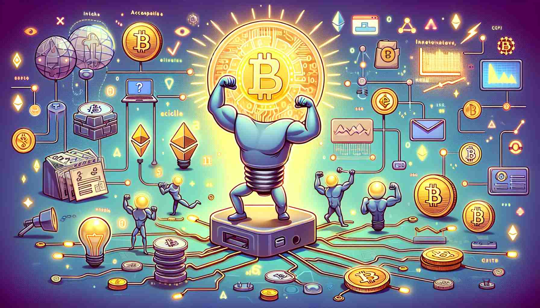 Illustration of a crypto-oriented concept related to accessible web interaction. Show various digital elements like ones and zeroes, the internet, and cryptocurrency symbols such as the Bitcoin and Ethereum icons. In the center, include a figure representing innovative action, signified by an animated, light-bulb character with flexed muscles, powering a large switch to illuminate a decentralized network. The scene is characterized by numerous blinking signals and activity sparks to imply a constant and active connection among the nodes in the network. Please ensure a high-quality, realistic and HD-style execution.