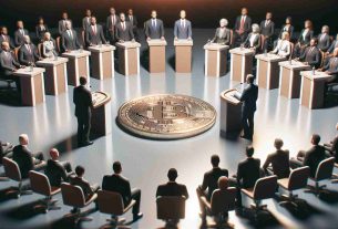 Realistic high-definition scene from an imaginary 2024 debate highlighting the discussion on cryptocurrency policies and its potential influence on the election outcome. The stage is decorated with subtle, neutral colors and all the debate participants are wearing professional attire. The atmosphere is tense with anticipation.