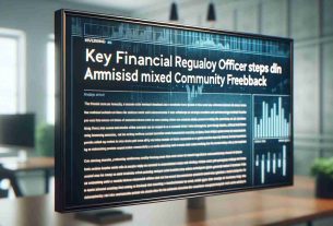 A high-definition, realistic image of a headline showing 'Key Financial Regulatory Officer Steps Down Amidst Mixed Community Feedback'. The image includes a depiction of the news article on a digital screen, with paragraphs of text that are slightly blurred in the background. The headline is bold and clear, emphasizing the central message. The environment where the screen is located suggests a modern, professional setting with minimalistic design elements.