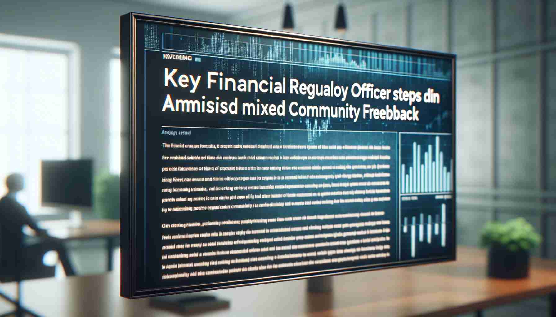 A high-definition, realistic image of a headline showing 'Key Financial Regulatory Officer Steps Down Amidst Mixed Community Feedback'. The image includes a depiction of the news article on a digital screen, with paragraphs of text that are slightly blurred in the background. The headline is bold and clear, emphasizing the central message. The environment where the screen is located suggests a modern, professional setting with minimalistic design elements.