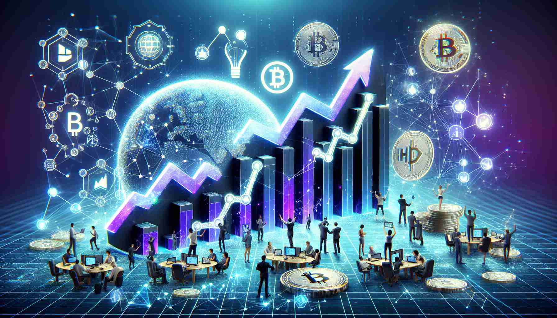 Generate a realistic HD image representing the meteoric growth of a blockchain technology amidst a hackathon event and its adoption by a major cryptocurrency exchange. The image might include a graph with an upward trend, symbols of hackathon, and symbols of a cryptocurrency exchange.