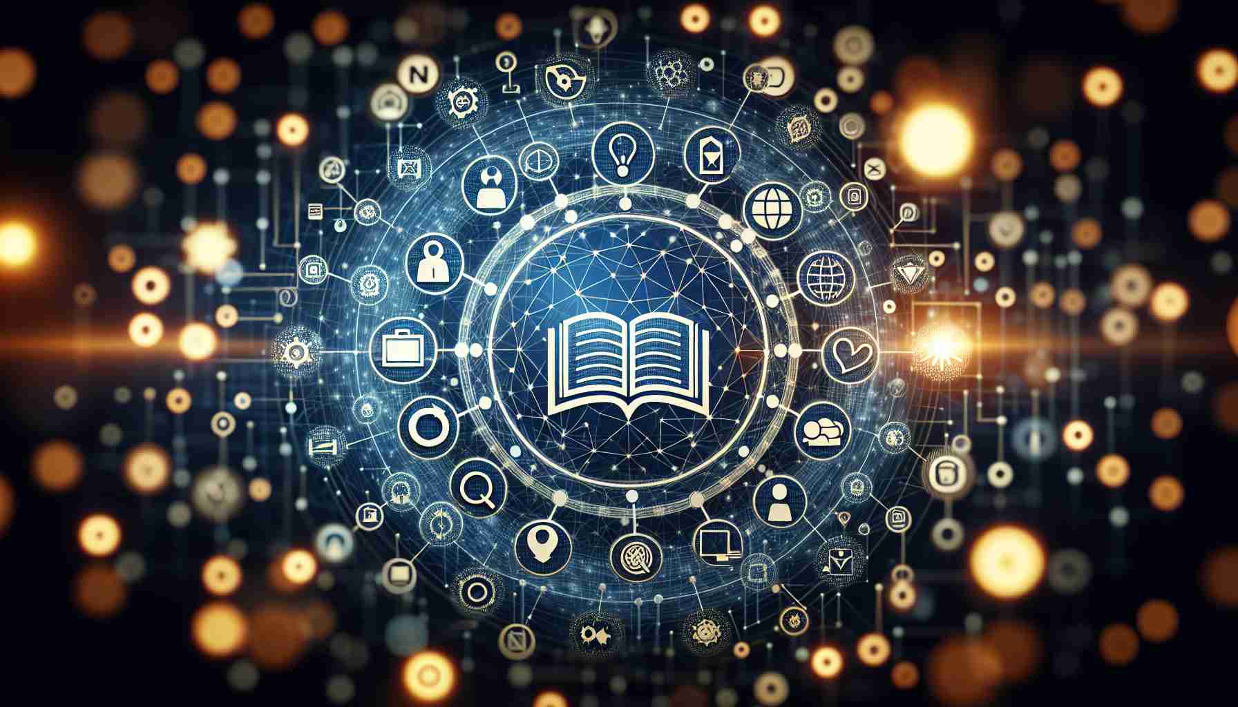 An HD image of a conceptual representation of 'Decentral Media'. The representation should consist of symbols that signify decentralized or non-centralized media, such as myriad dots or nodes interconnected to signify networked information sharing. Also include symbols for the role of information advisory such as a book, a magnifying glass, etc. The image should give a feeling of identification, trust and clarity.