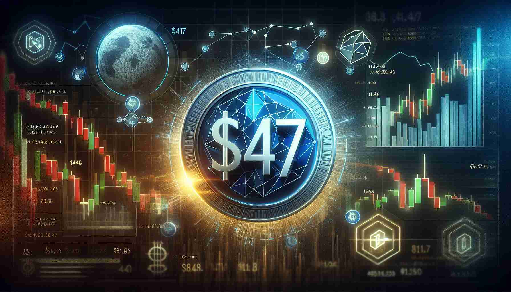 Create a realistic high definition image that symbolizes the value of the cryptocurrency Solana being steady at $147 in the midst of a pessimistic market. Include visuals such as a digital representation of Solana token, the number $147 and indicators of a market in a downturn.