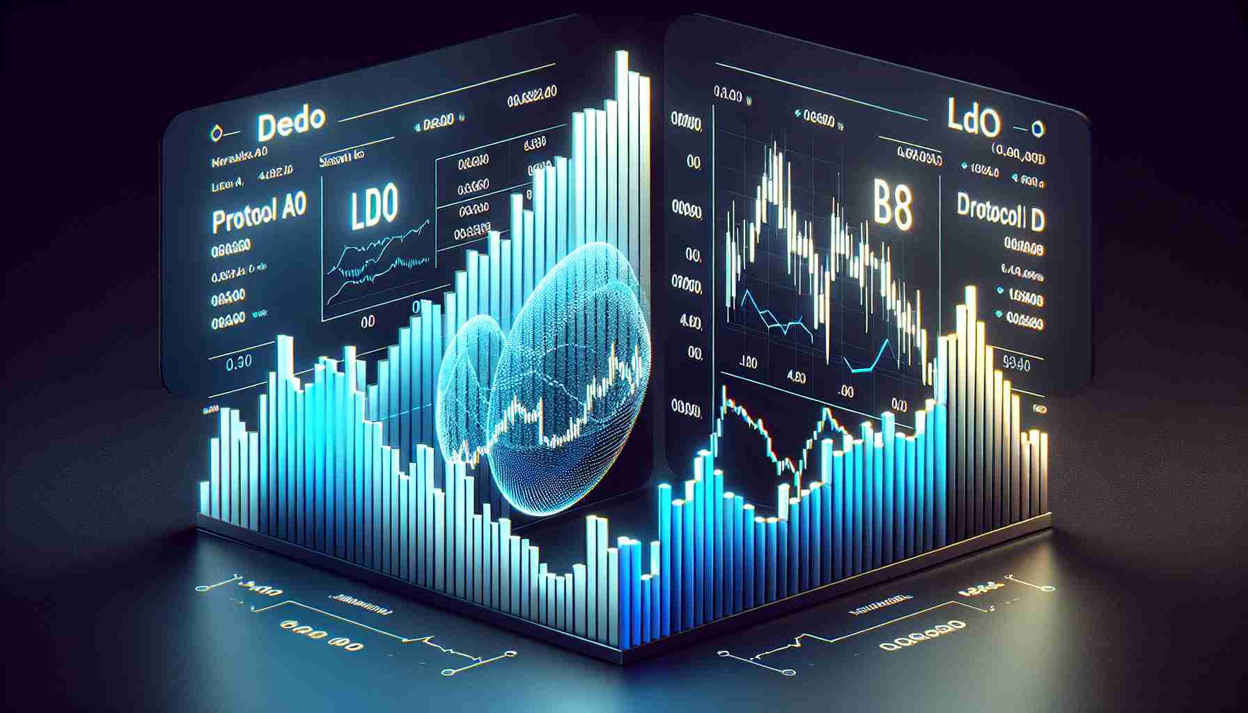 Generate a realistic, high-definition image of two contrasted charts, symbolizing the market performance of two different DeFi protocols. The first chart is marked 'Protocol A' and shows steady growth, symbolizing Lido's performance, while the second chart, denoted as 'Protocol B', shows diverse fluctuation, representing MakerDAO's performance. The overall style should be crisp and business-like, with each chart displaying distinctive colors and clear, legible labels.