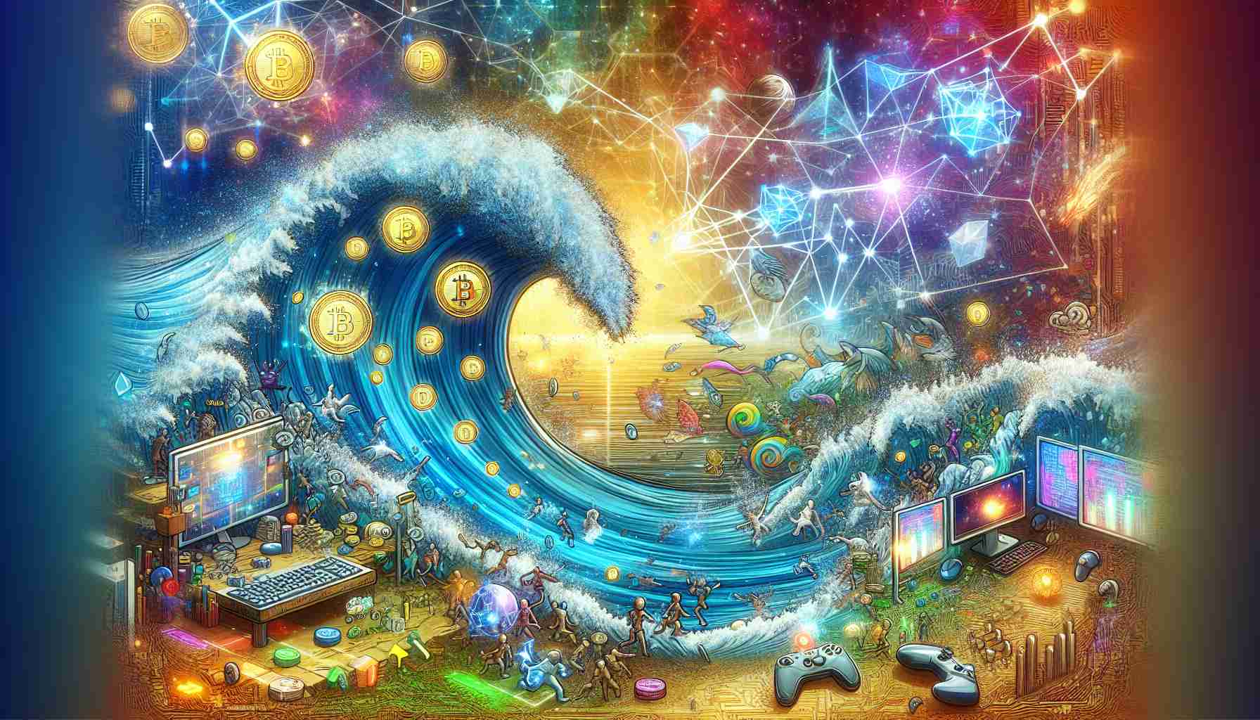 An intricate illustration capturing the emergence of the crypto blockchain gaming market. The image conveys the surge of interest in this new technology, represented by a large wave in the ocean, symbolizing the 'tide'. Sparkling digital coins within the wave represent the crypto aspect, while an interconnected network of lines implies the blockchain technology. Various gaming elements like gaming controllers, characters, and 3D environments are integrated, suggesting the amalgamation of gaming and blockchain. The picture is in high-definition, exhibiting a vibrant color palette and great detail.